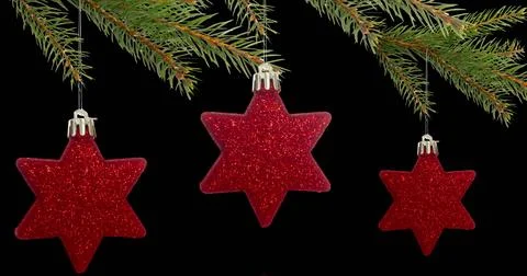 Image of christmas tree with red stars and fairy lights flickering over black Stock Illustration