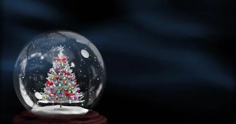 Image of christmas tree in snow globe over blue shapes Stock Illustration