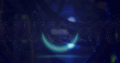 Image of circle with 100 percent over digital screen with financial graphs and Stock Photos