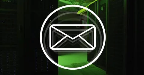 Image of circle and envelope over server room Stock Illustration