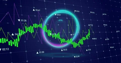 Image of circle with battery over digital screen with financial graphs and data Stock Illustration