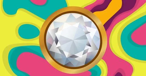 Image of circle with grey shapes over neon retro pattern 스톡 일러스트