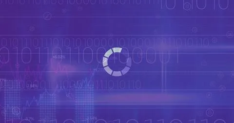 Image of circle loading and binary coding over purple background Stockillustratie