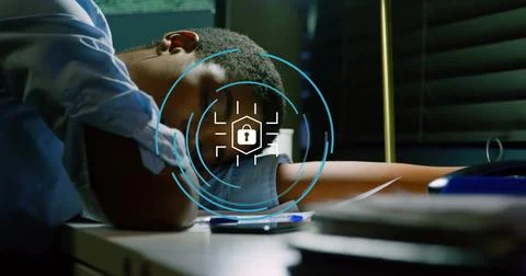 Image of circle with lock icon over african american businesswoman sleeping on Stock Photos