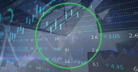 Image of circle, multiple graphs and trading board over low angle view of b.. Illustrazione stock