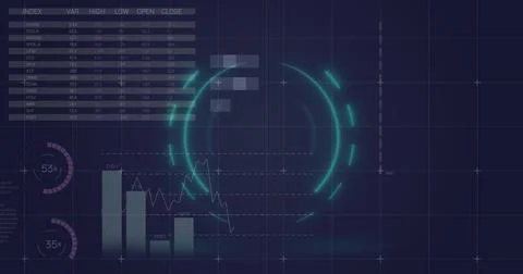 Image of circle over digital screen with financial graphs and data Ilustração Stock