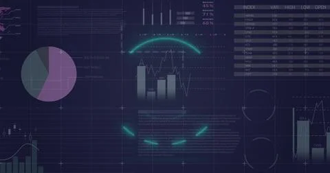 Image of circle over digital screen with financial graphs and data Ilustração Stock
