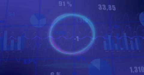Image of circle over multiple graphs and changing numbers against abstract Stock Photos