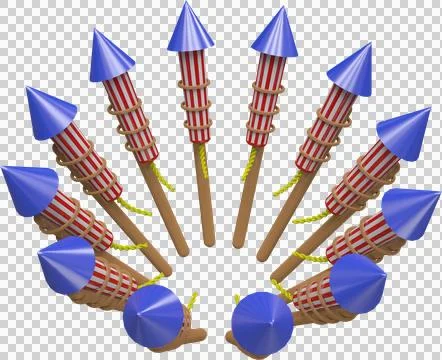 Image of circle of red and white striped rocket fireworks with blue tips ready Stock Illustration