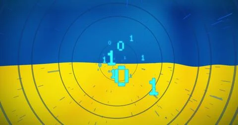 Image of circles and binary code over flag of ukraine Stockillustratie