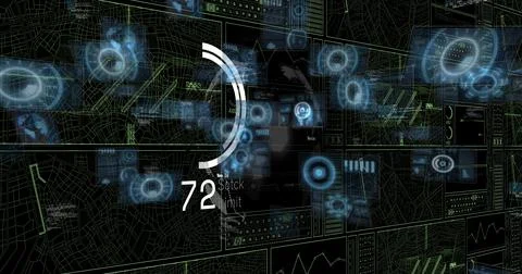 Image of circles and data processing on black background Illustrazione stock