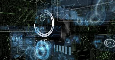 Image of circles and data processing on black background Illustrazione stock