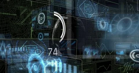 Image of circles and data processing on black background Illustrazione stock