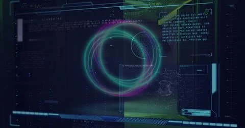 Image of circles and data processing over server room Stock Photos