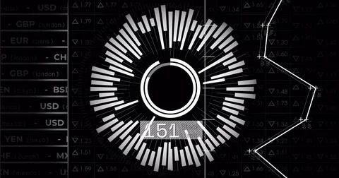 Image of circles and financial data processing over black background Stock Illustration