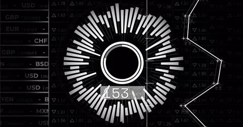 Image of circles and financial data processing over black background Stock Photos