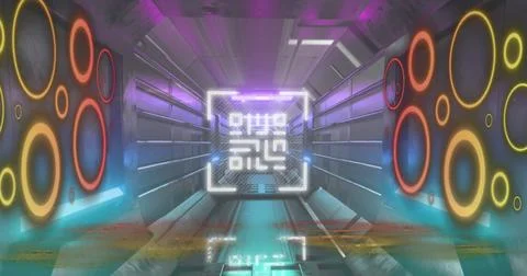 Image of circles and qr code over moving industrial tunnel Stock Photos