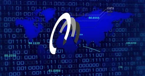 Image of circles and world map over data processing and binary coding on black Illustrazione stock