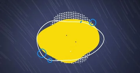 Image of circles, dots forming abstract shape over blue line against blue Foto stock