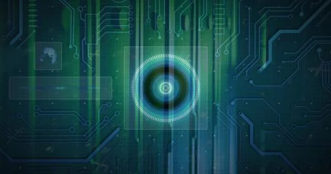 Image of circles, globe and circuit board pattern against server room Stock Illustration