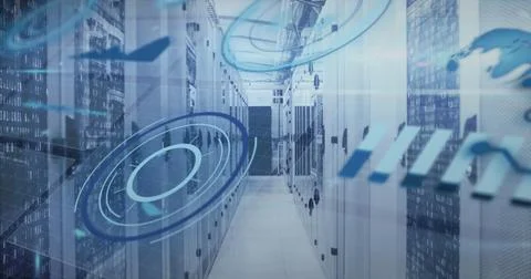 Image of circles, globe, graphs over binary codes on data server racks in server Stock Photos