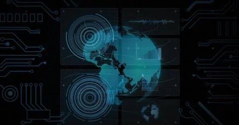Image of circles, graphs, globe, circuit board pattern over globe against black Stock Photos