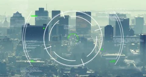 Image of circles, lines and computer language over aerial view of modern ci.. Stock-Fotos