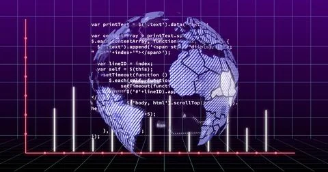 Image of circles on lines of graph over grid pattern and computer language Stock Photos