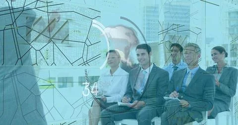 Image of circles, numbers, globe, navigation pattern over diverse business .. Stock Photos