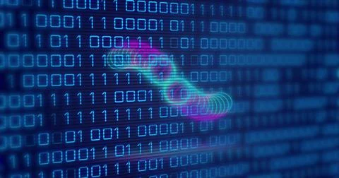 Image of circles over binary code on navy background Stockillustratie