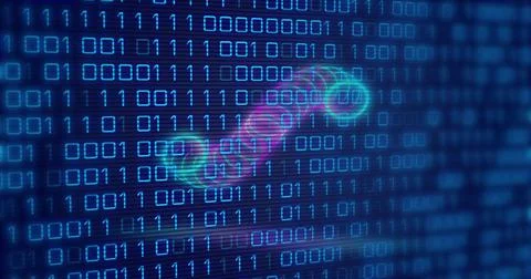 Image of circles over binary code on navy background Stockillustratie