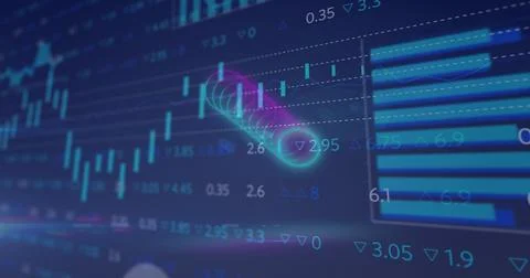 Image of circles over digital screen with financial graphs and data Stock Photos