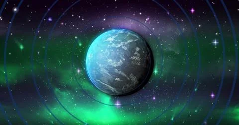 Image of circles over globe and stars on black background Stockfoto's