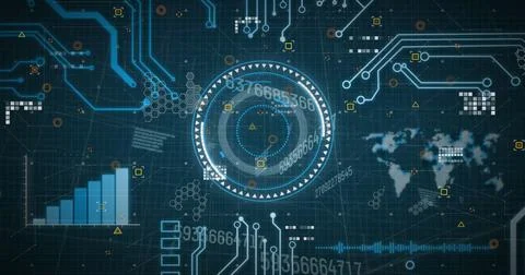 Image of circles over graph, map and circuit board pattern against abstract Stock Photos