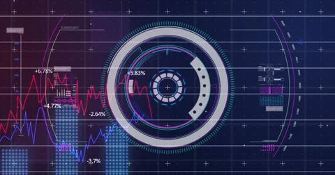 Image of circles over multiple graphs with numbers against abstract background Stock Photos