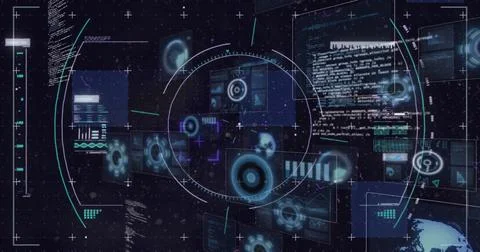 Image of circles over radars, computer language against black background Stockfoto's