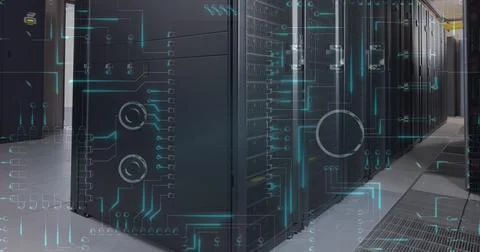 Image of circuit board and data processing over computer servers Stock Illustration
