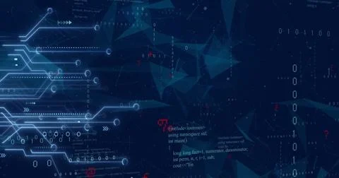 Image of circuit board and data processing over dark background Illustrazione stock