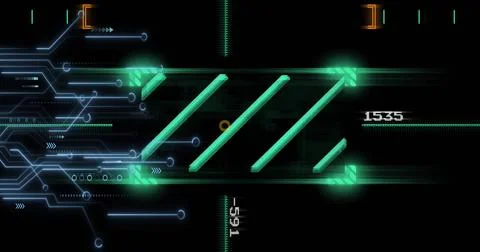 Image of circuit board and data processing over black background 스톡 일러스트