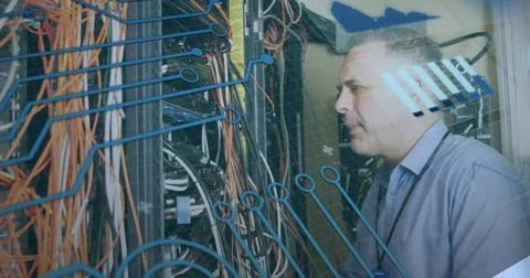 Image of circuit board and data processing over caucasian it man fixing computer 스톡 사진