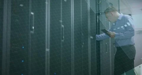 Image of circuit board and data processing over caucasian it man fixing computer 스톡 사진