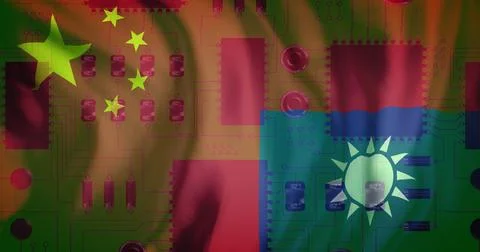 Image of circuit board and data processing over flag of taiwan and china Stock Photos