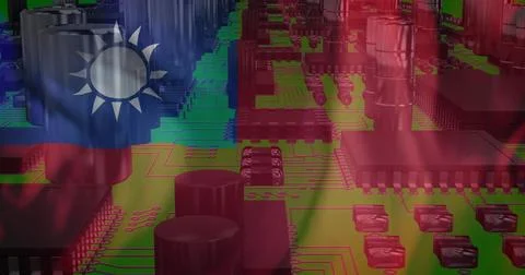 Image of circuit board and data processing over flag of taiwan 스톡 사진