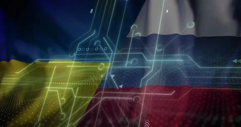 Image of circuit board and data processing over flag of russia and ukraine Stock Photos