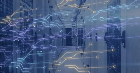 Image of circuit board and data processing over computer servers Stock Photos
