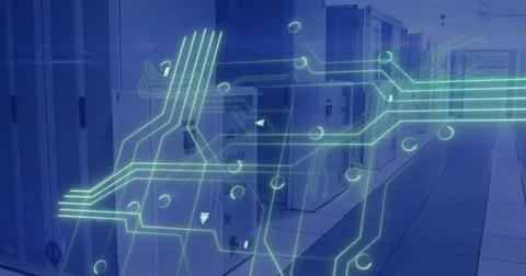 Image of circuit board and data processing over computer servers Stock Photos