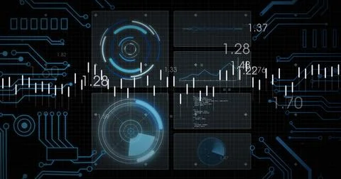 Image of circuit board and data processing over dark background Stock Photos