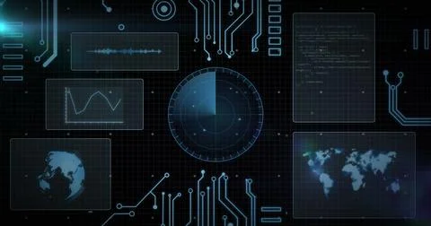 Image of circuit board and data processing over dark background Stock Photos