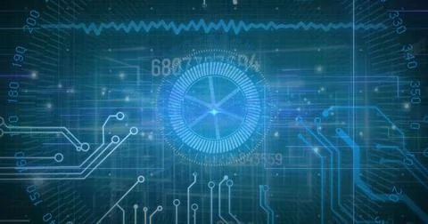 Image of circuit board and data processing over blue background 스톡 사진