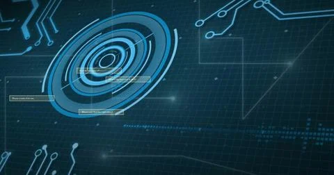 Image of circuit board and data processing over dark background Foto stock